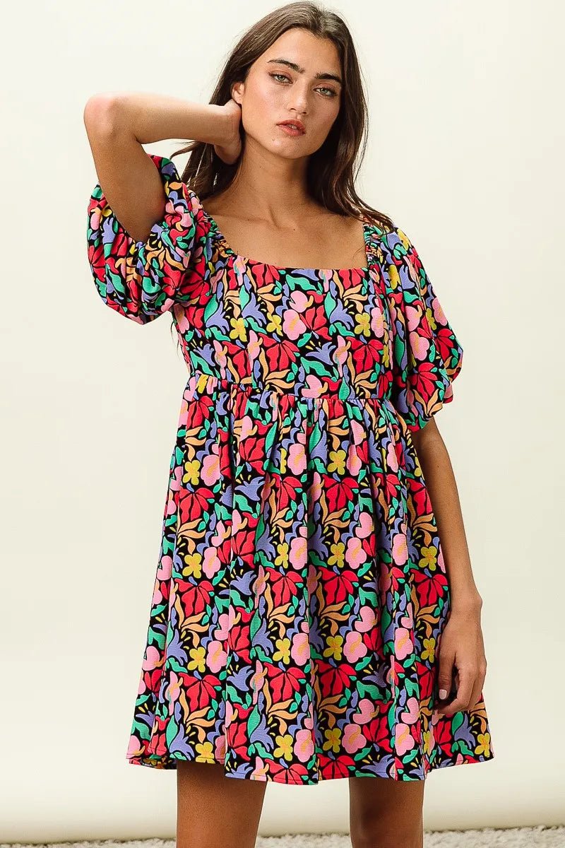 BiBi Floral Print Puff Square Neck Dress - Jennie Dots