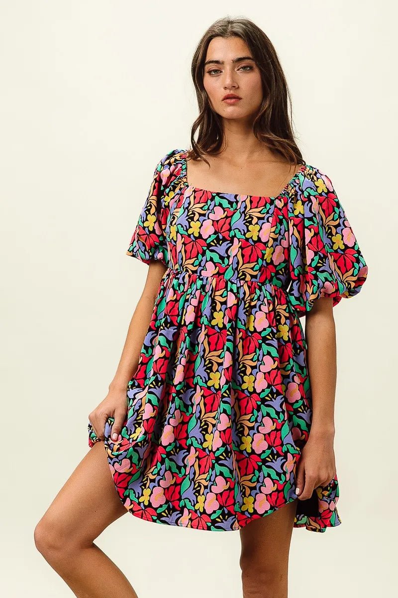 BiBi Floral Print Puff Square Neck Dress - Jennie Dots