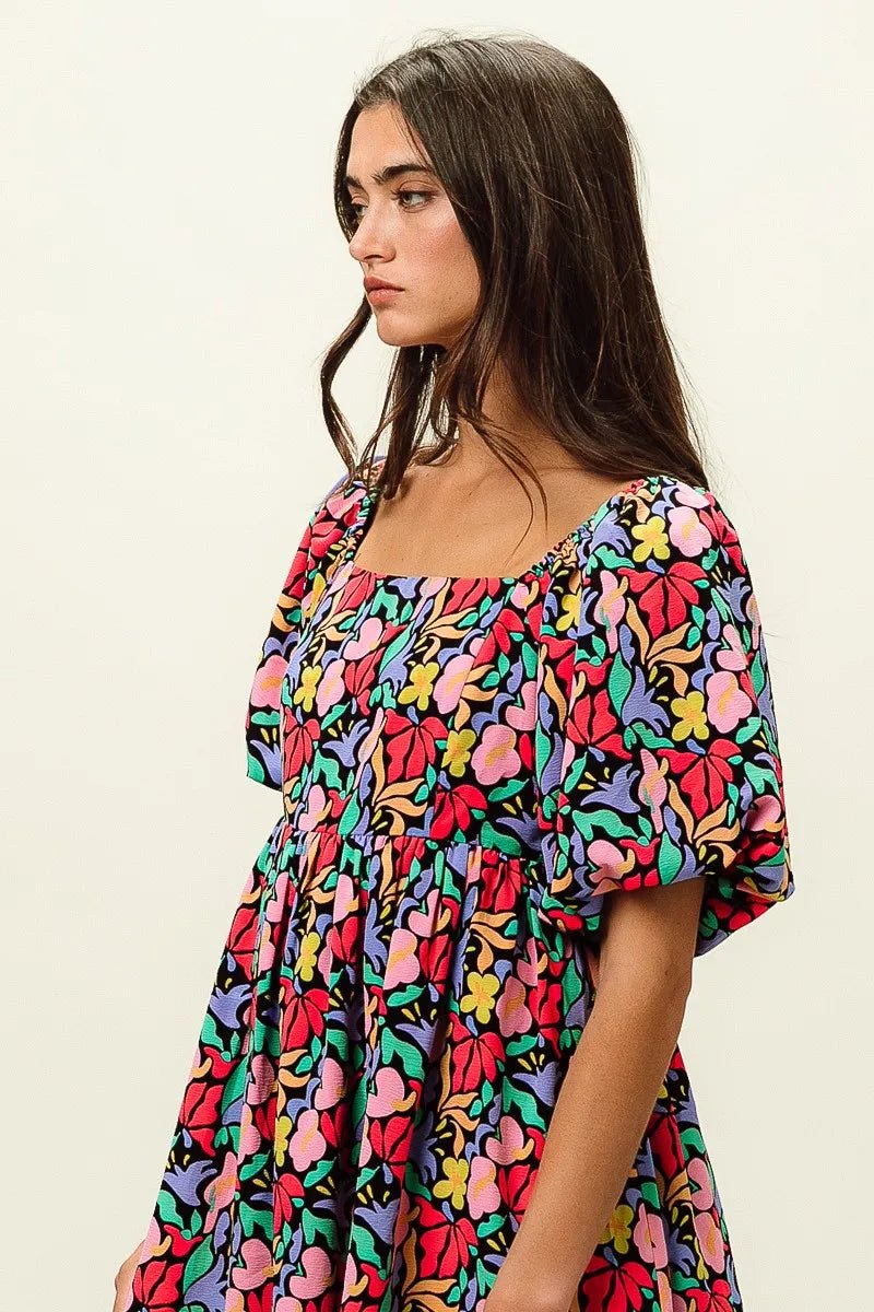 BiBi Floral Print Puff Square Neck Dress - Jennie Dots