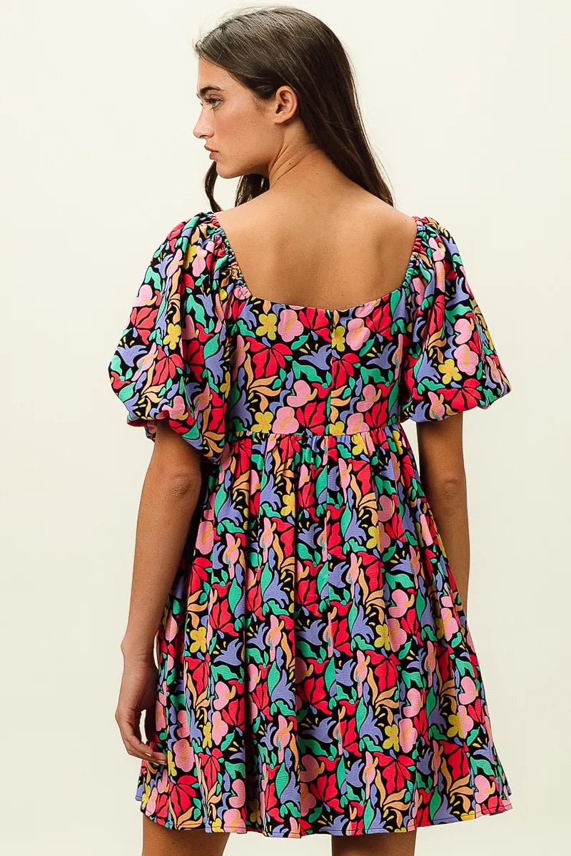 BiBi Floral Print Puff Square Neck Dress - Jennie Dots