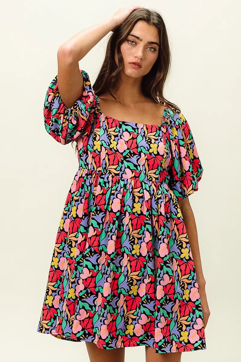 BiBi Floral Print Puff Square Neck Dress - Jennie Dots