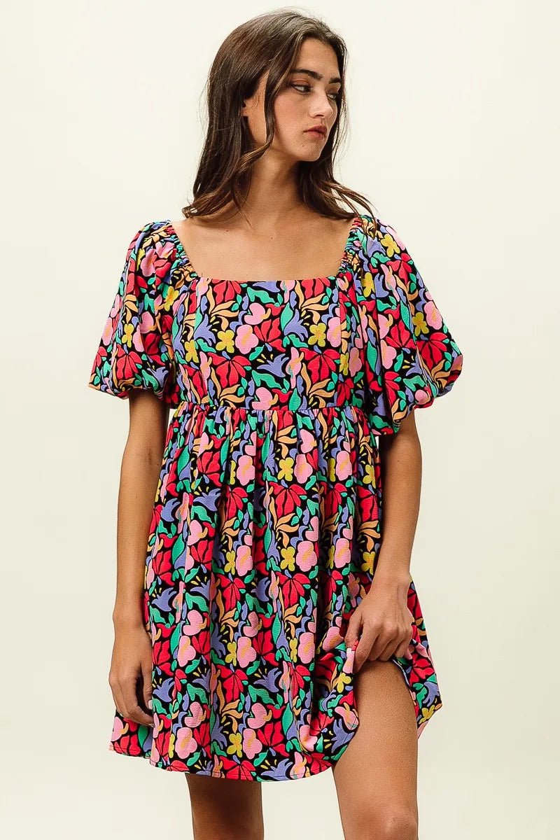 BiBi Floral Print Puff Square Neck Dress - Jennie Dots