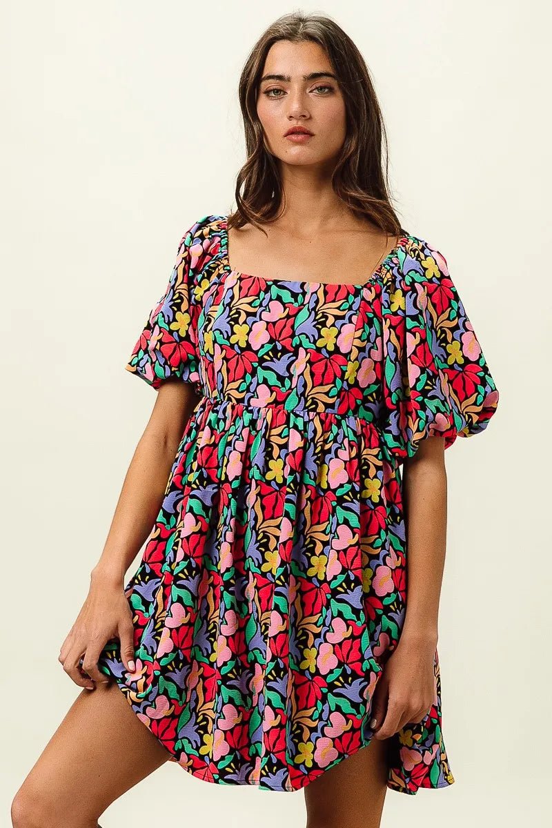 BiBi Floral Print Puff Square Neck Dress - Jennie Dots
