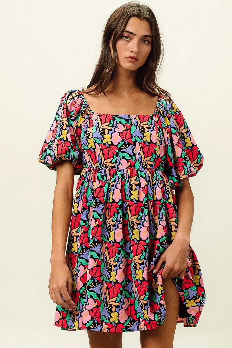 BiBi Floral Print Puff Square Neck Dress - Jennie Dots