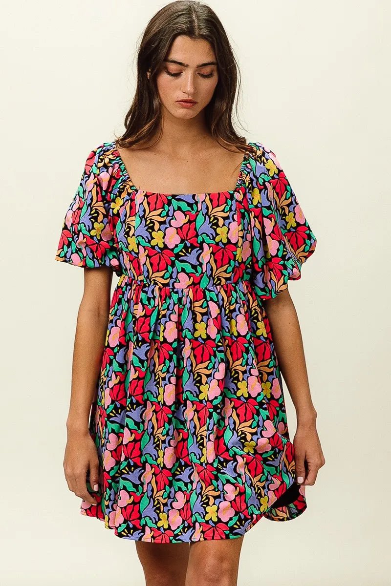 BiBi Floral Print Puff Square Neck Dress - Jennie Dots