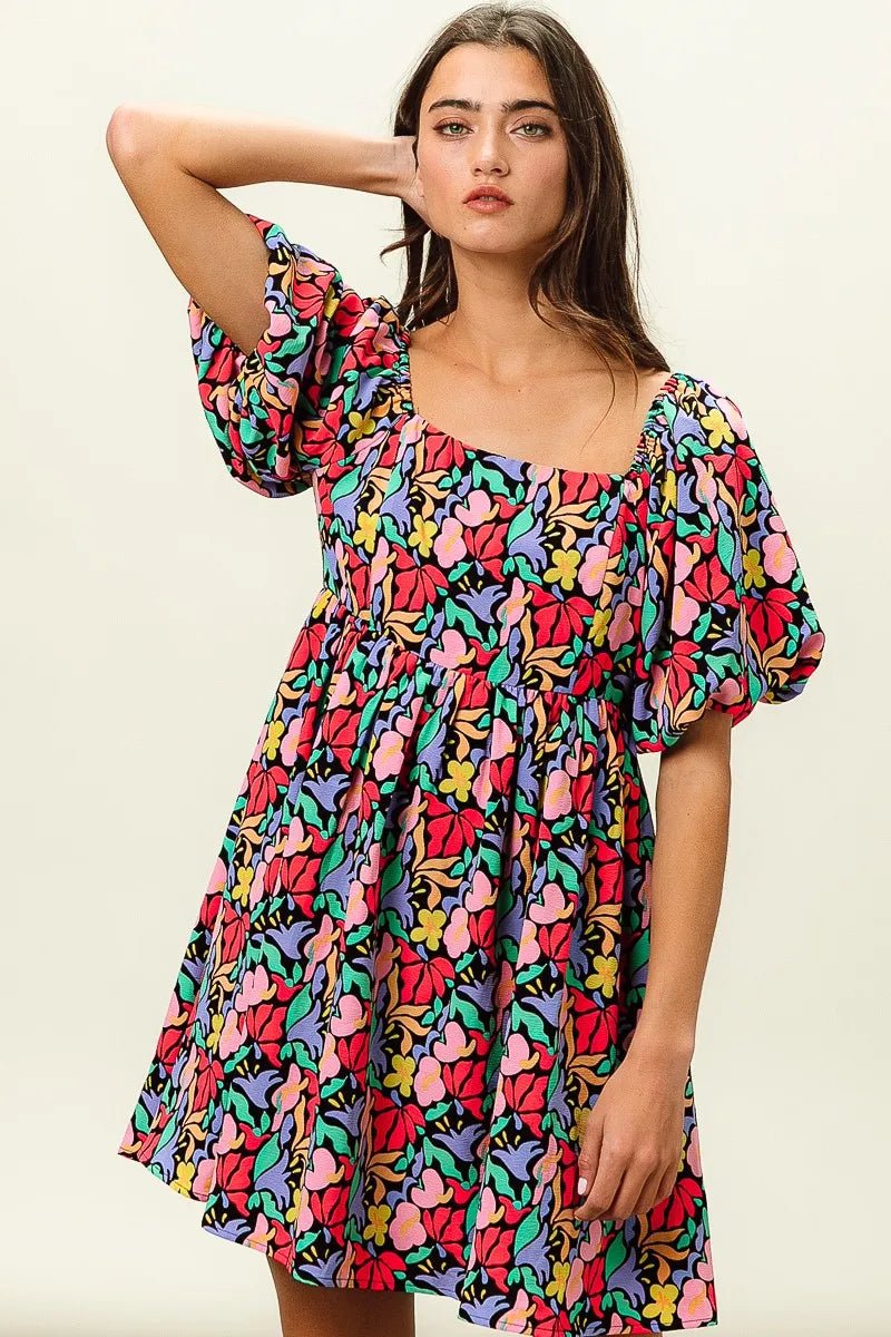 BiBi Floral Print Puff Square Neck Dress - Jennie Dots