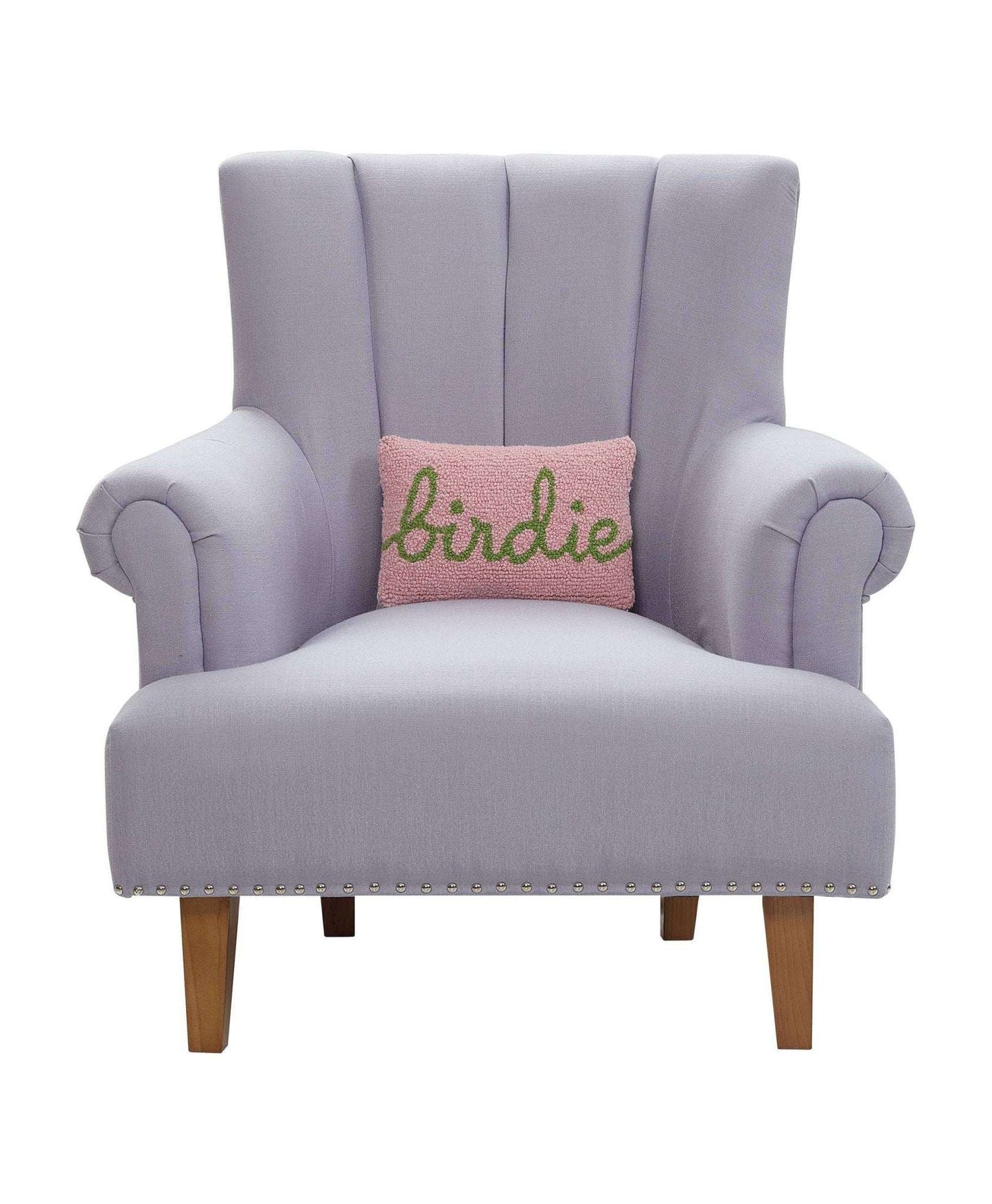 Birdie Hook Pillow on purple chair, 100% wool with polyester insert.
