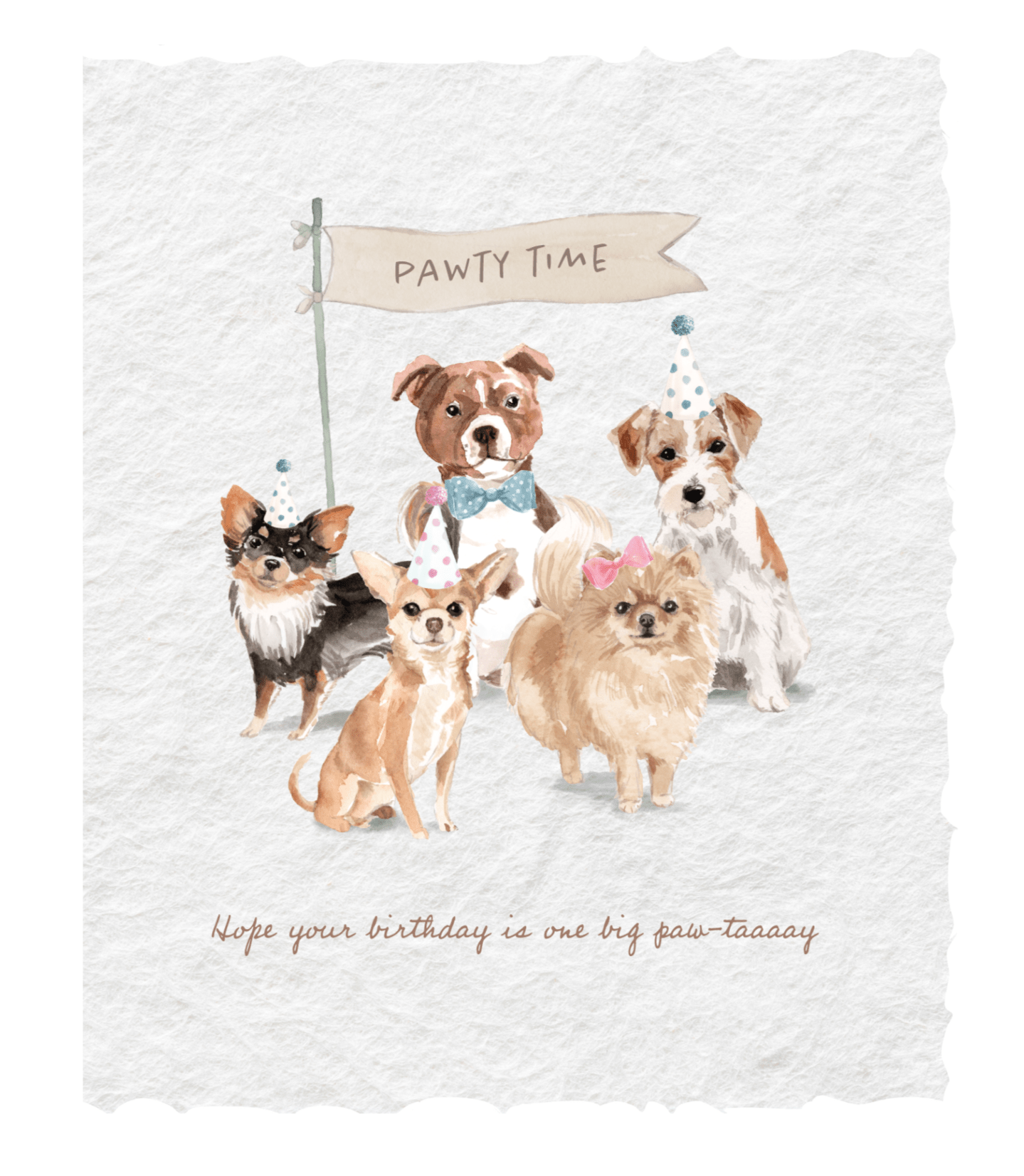 Eco-friendly birthday card featuring illustrated dogs in party hats with the message "Hope your birthday is one big paw-taay!"