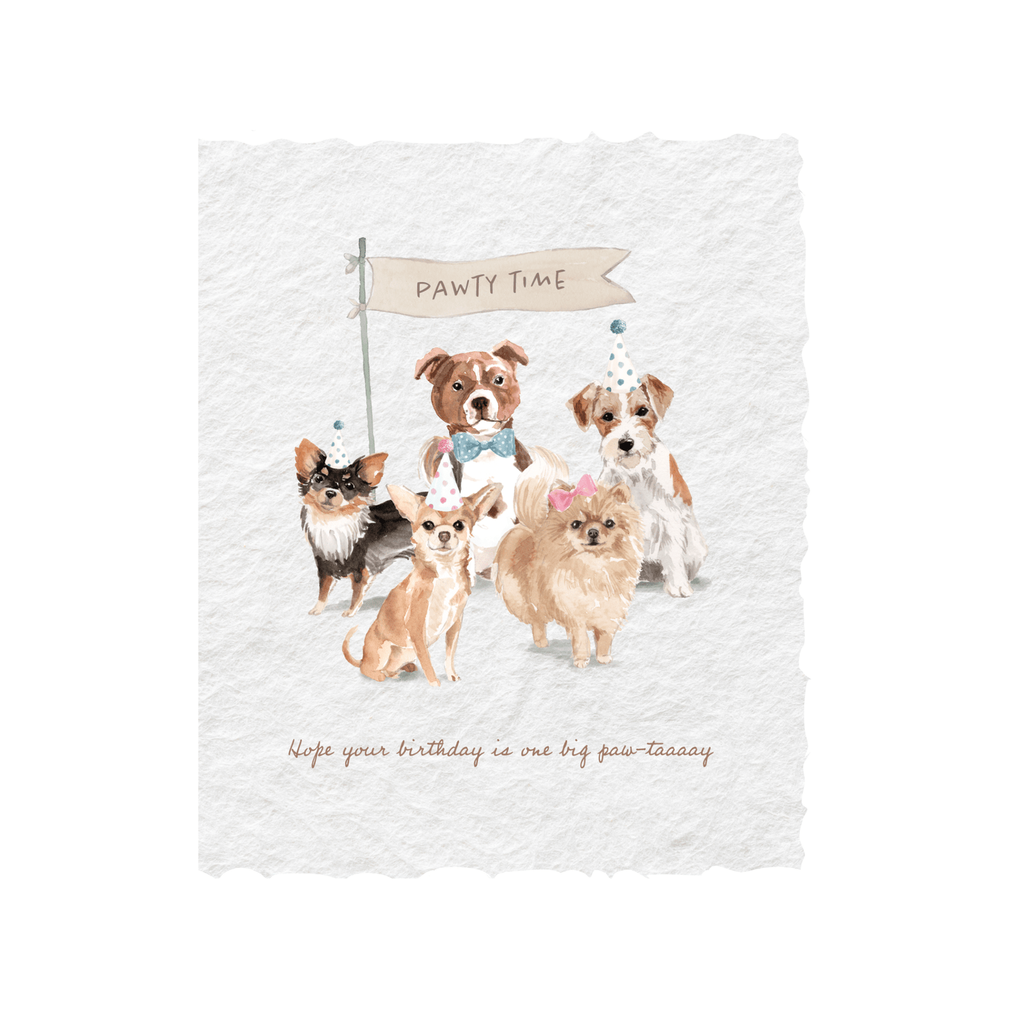 Eco-friendly birthday card with cute dogs, handmade paper, and gold ink.