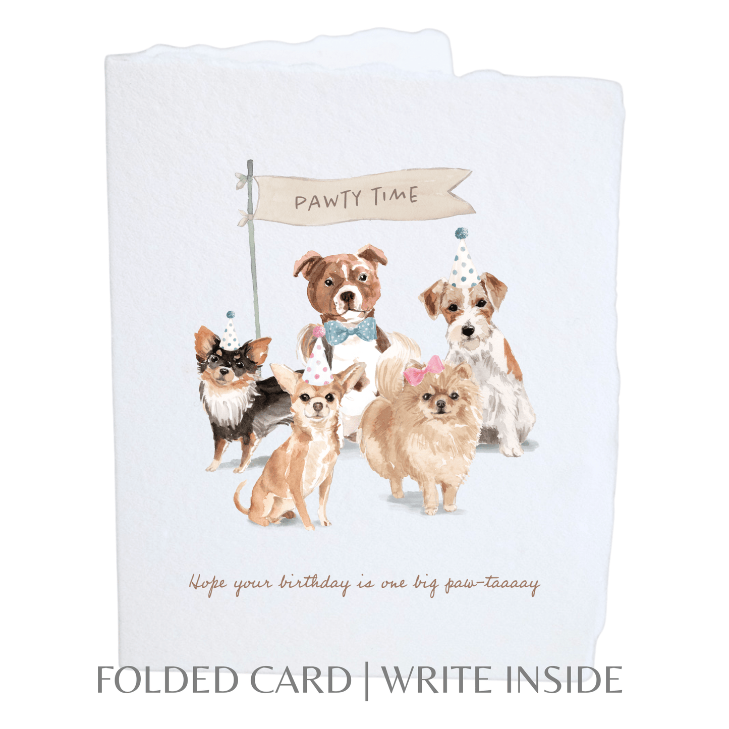 Birthday Paw-tay Dogs eco-friendly greeting card with four illustrated dogs wearing party hats and bow ties, handmade on white paper.