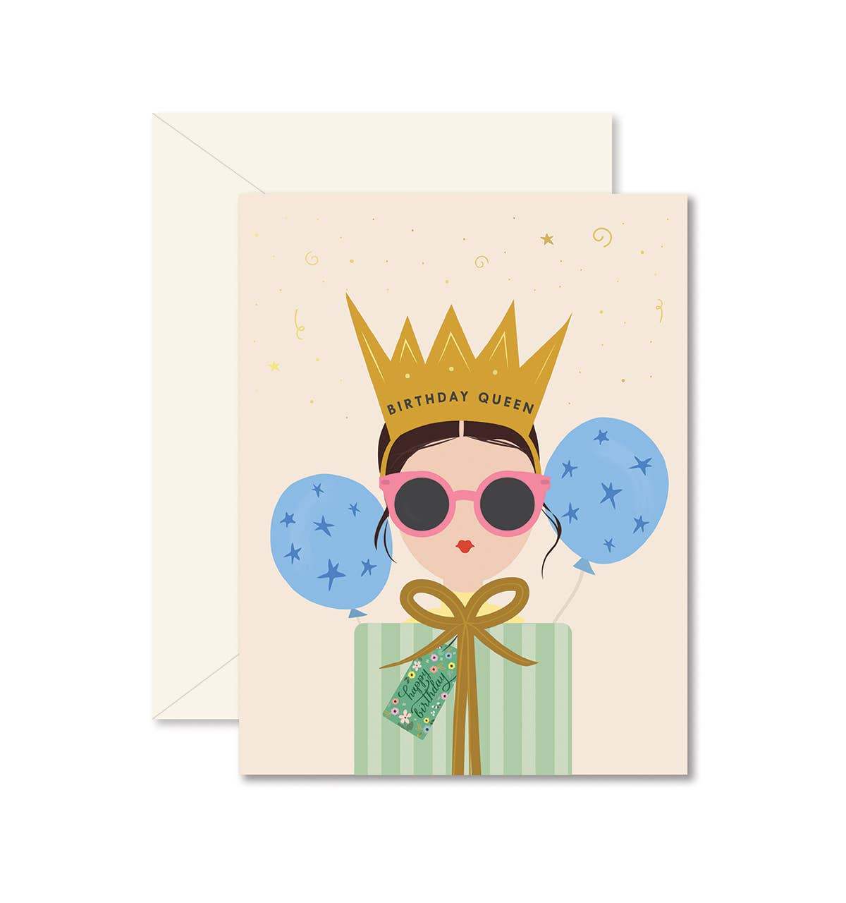 Birthday Queen Brunette greeting card with gold foil and balloons.