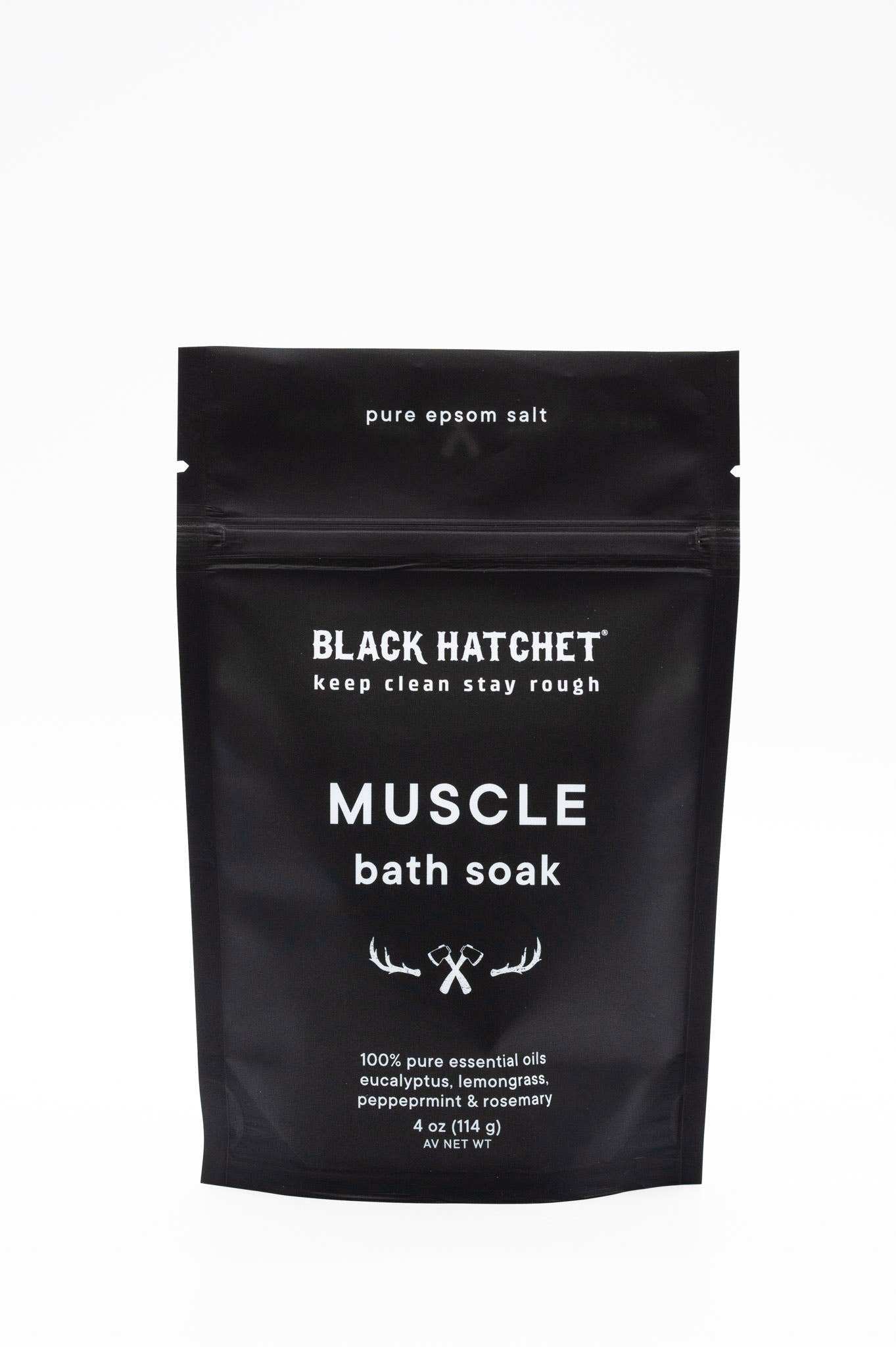 Black Hatchet muscle bath soak package featuring eucalyptus essential oil and pure Epsom salt.