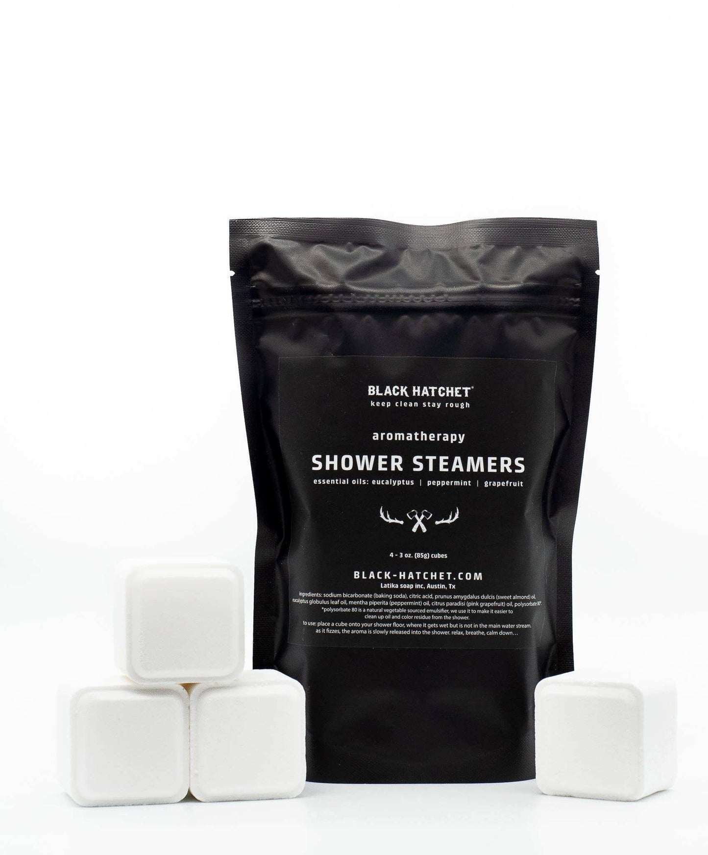 Black Hatchet Shower Steamers with grapefruit, mint, and eucalyptus oils, five cubes per bag.