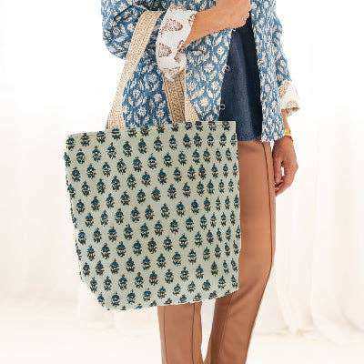Block Print Velvet Tote-Mint with intricate pattern and handle, handmade in Rajasthan.