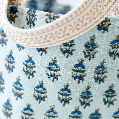 Block Print Velvet Tote-Mint with intricate design and handle.