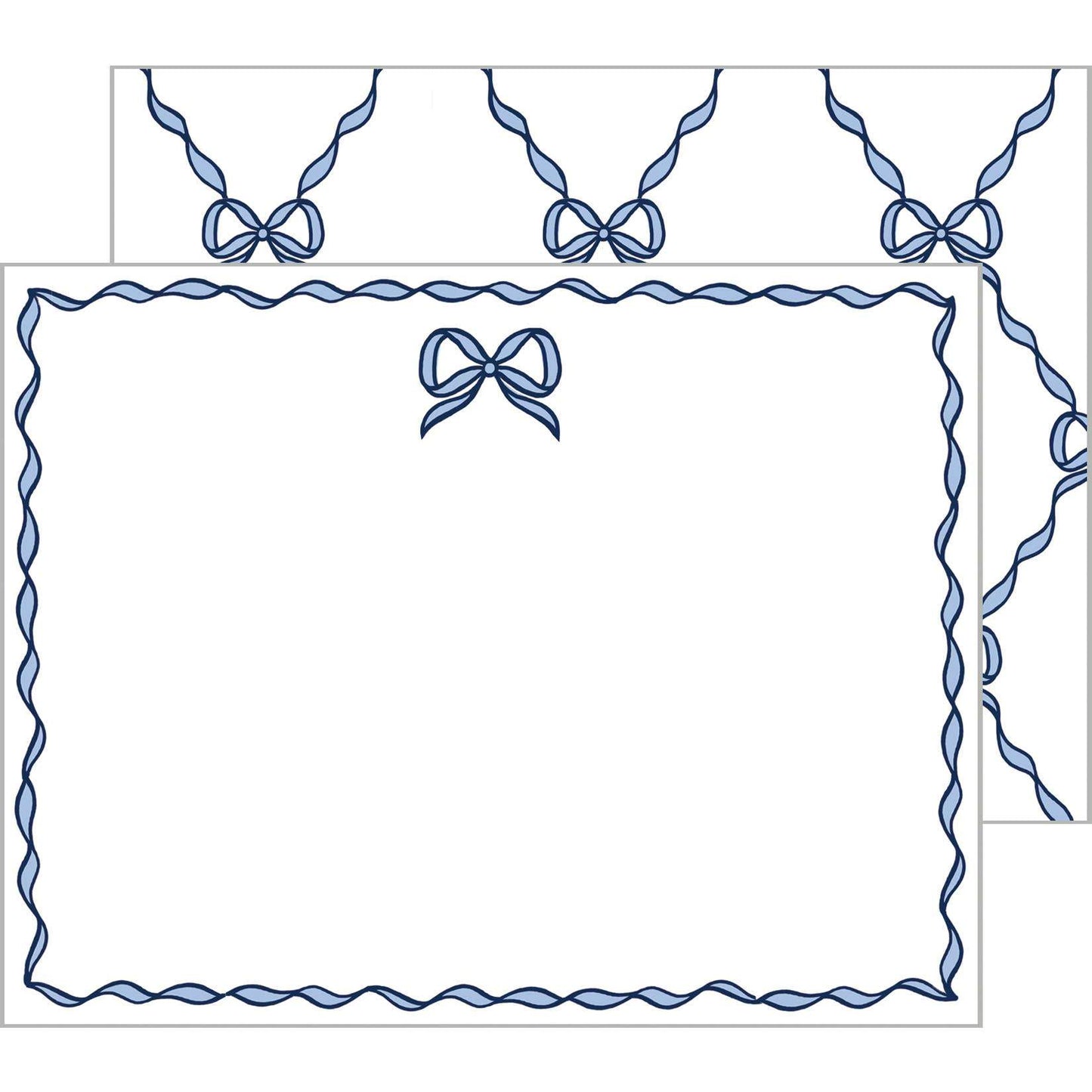 Blue Bow Lattice flat notecards with elegant border design on luxe white card stock.