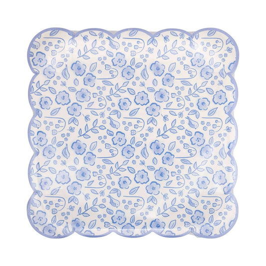 Blue Floral Paper Plate with scalloped edges and ditsy floral design.
