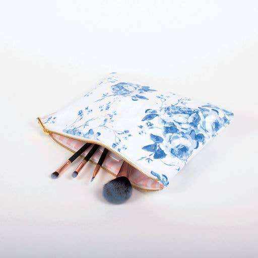 Blue Rose Terry Flat Pouch - Large, with gold zipper, storing makeup brushes.