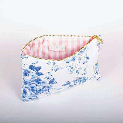 Blue Rose Terry Flat Pouch with Gold Zipper and Floral Design