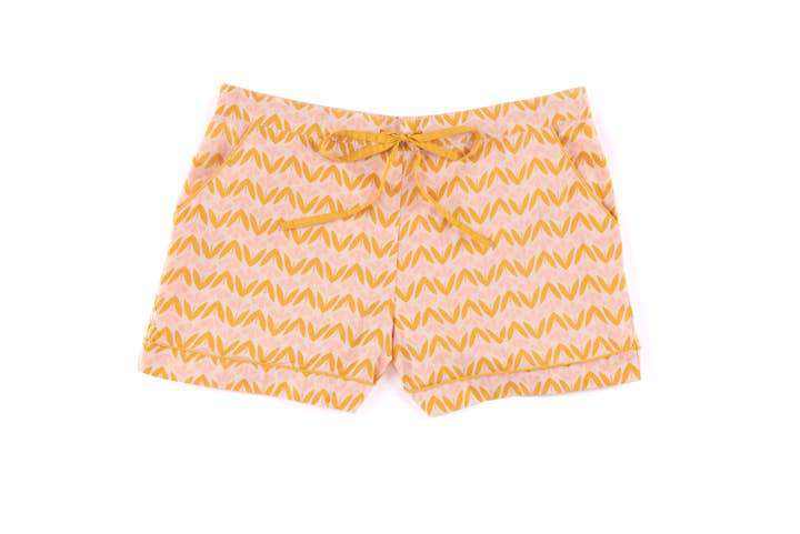 Blush Flora PJ Set shorts with drawstring, cotton fabric, floral pattern.