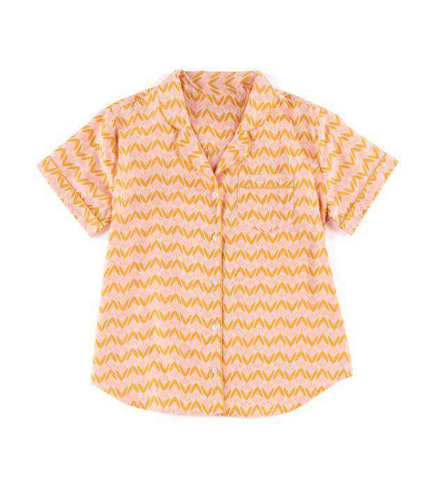 Blush Flora PJ Set in cotton with a pink and yellow zigzag pattern.