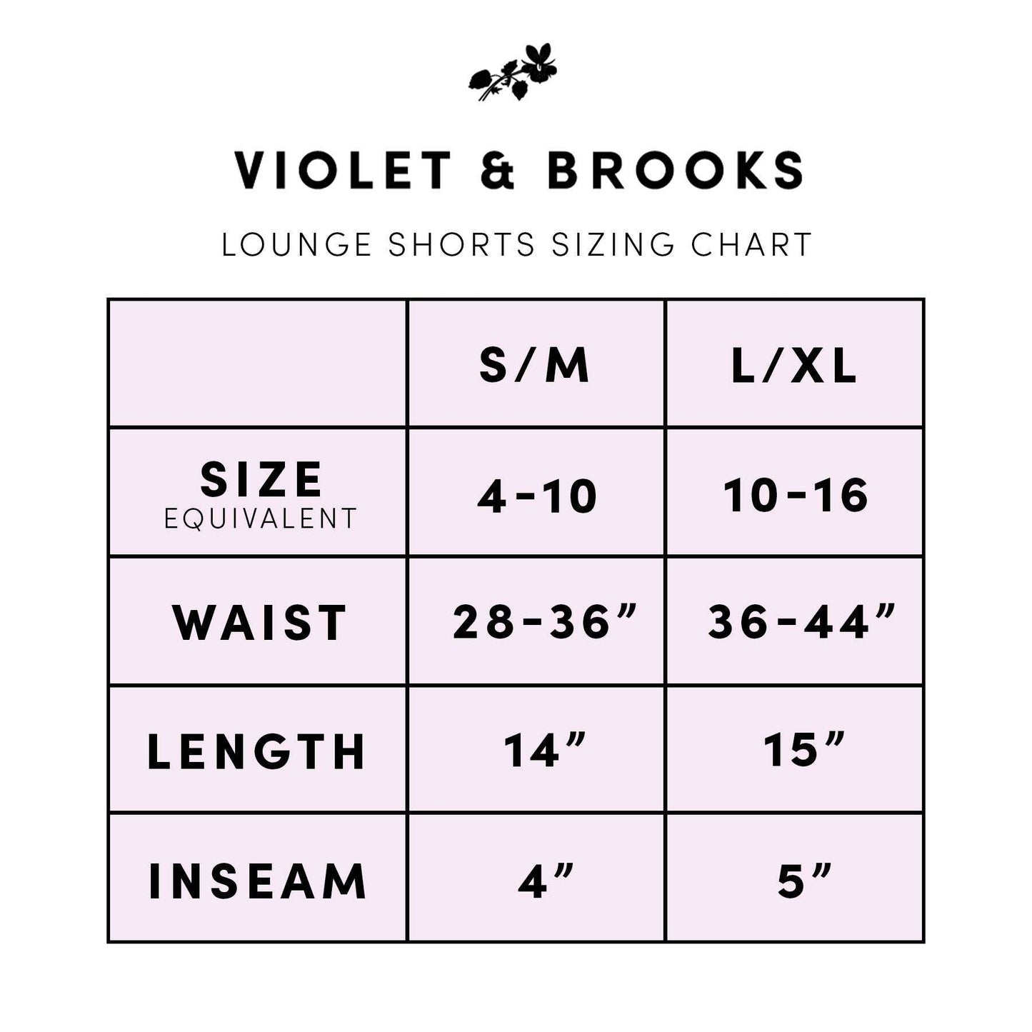 Linen PJ Shorts sizing chart by Violet & Brooks.