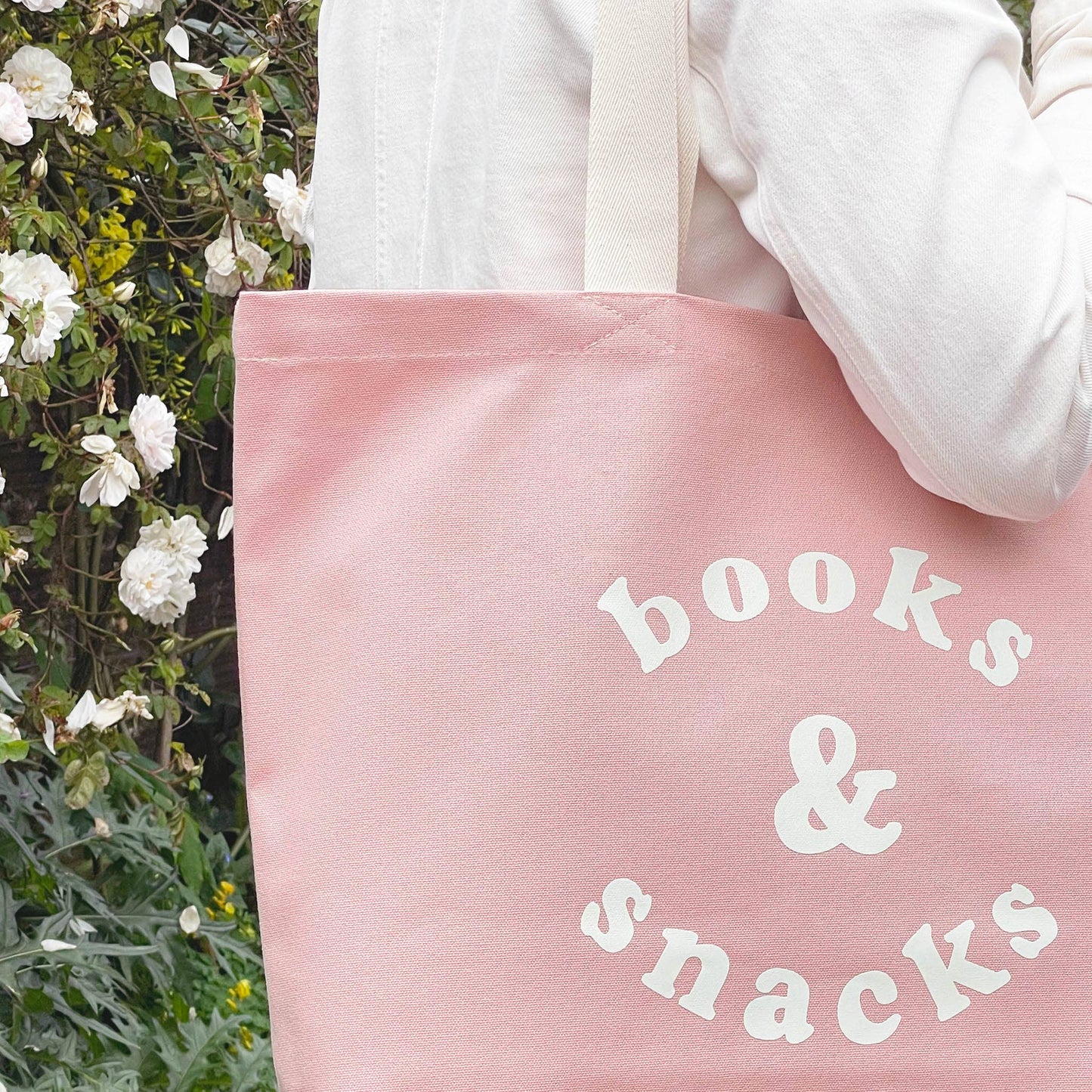Books & Snacks - Blush Pink Canvas Tote Bag - Jennie Dots