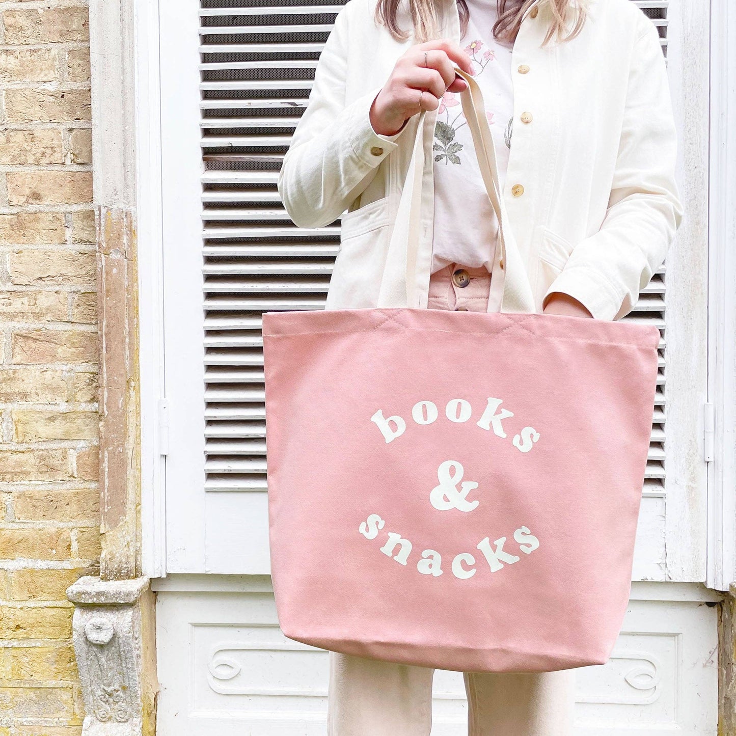 Books & Snacks - Blush Pink Canvas Tote Bag - Jennie Dots