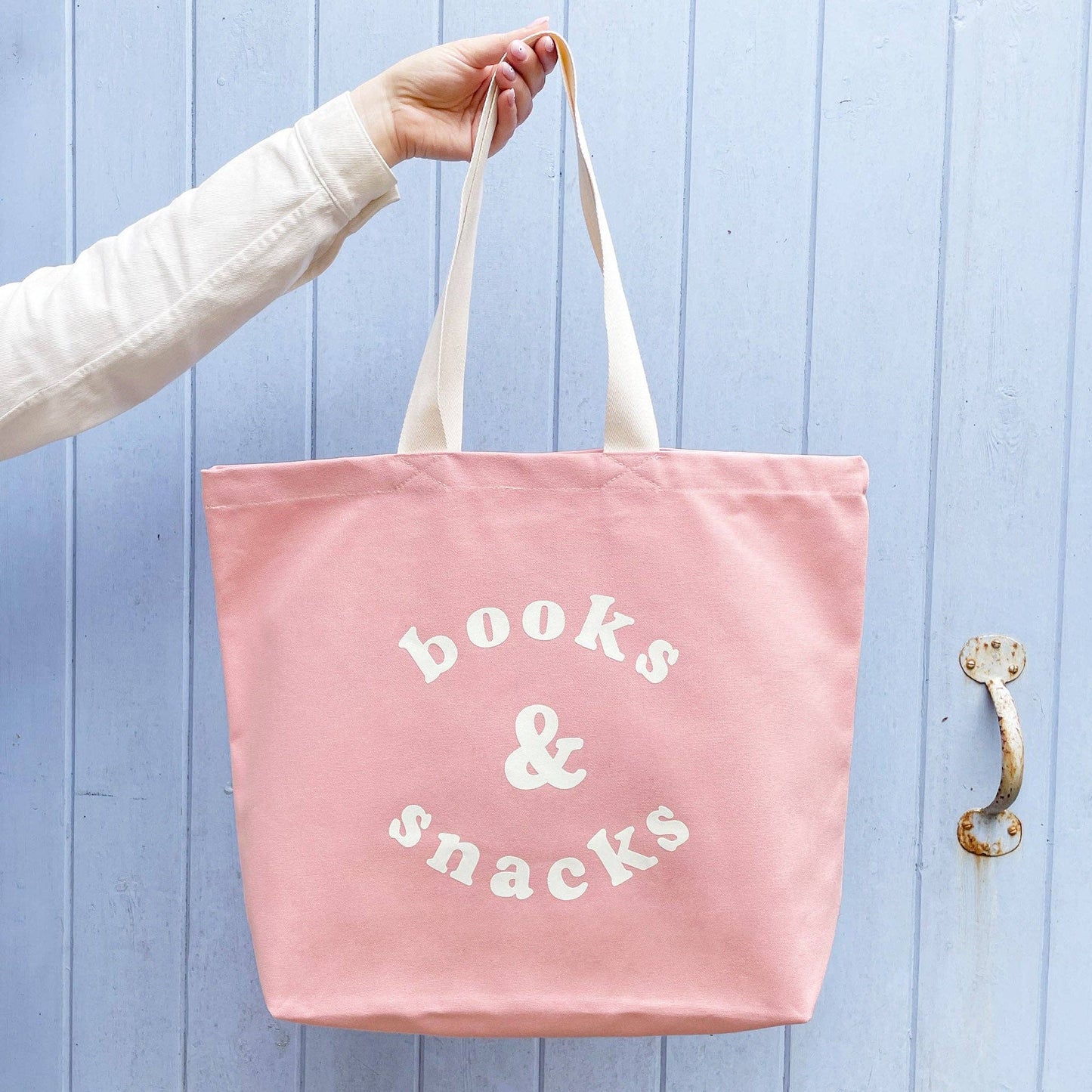 Books & Snacks - Blush Pink Canvas Tote Bag - Jennie Dots