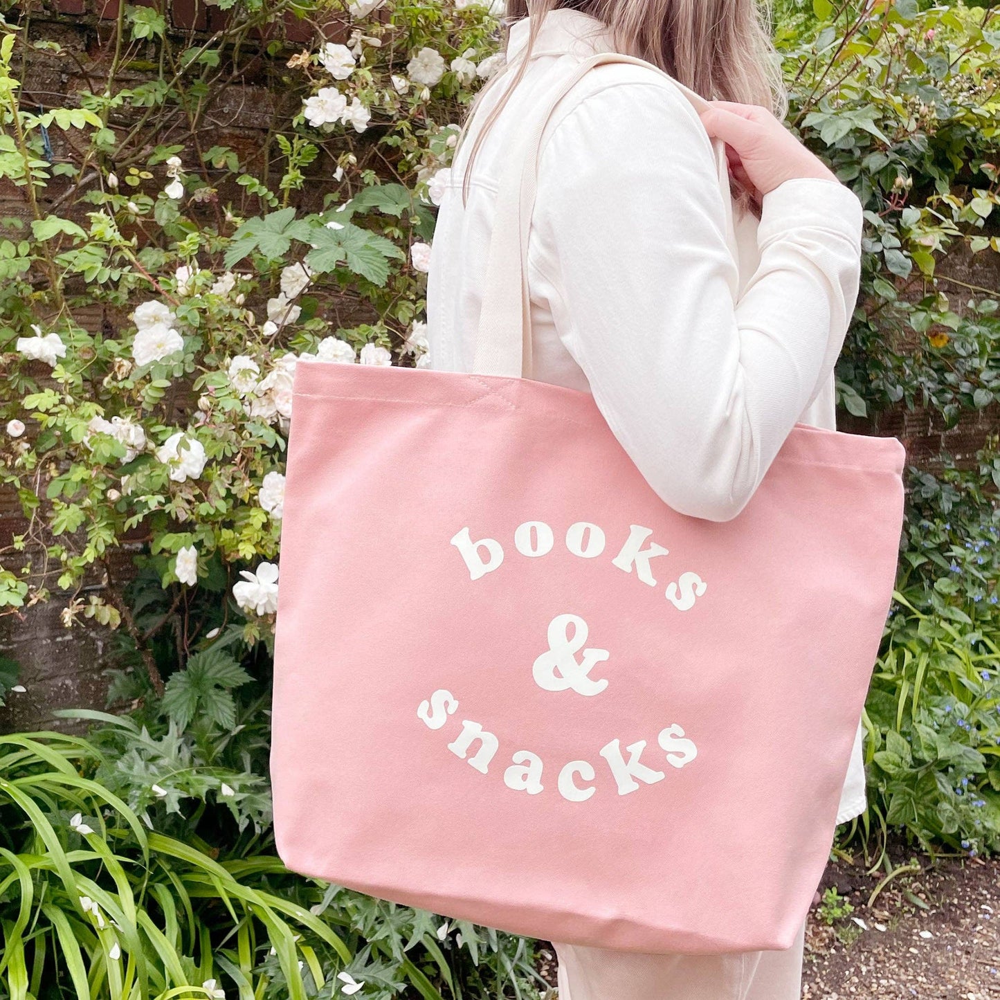 Books & Snacks - Blush Pink Canvas Tote Bag - Jennie Dots