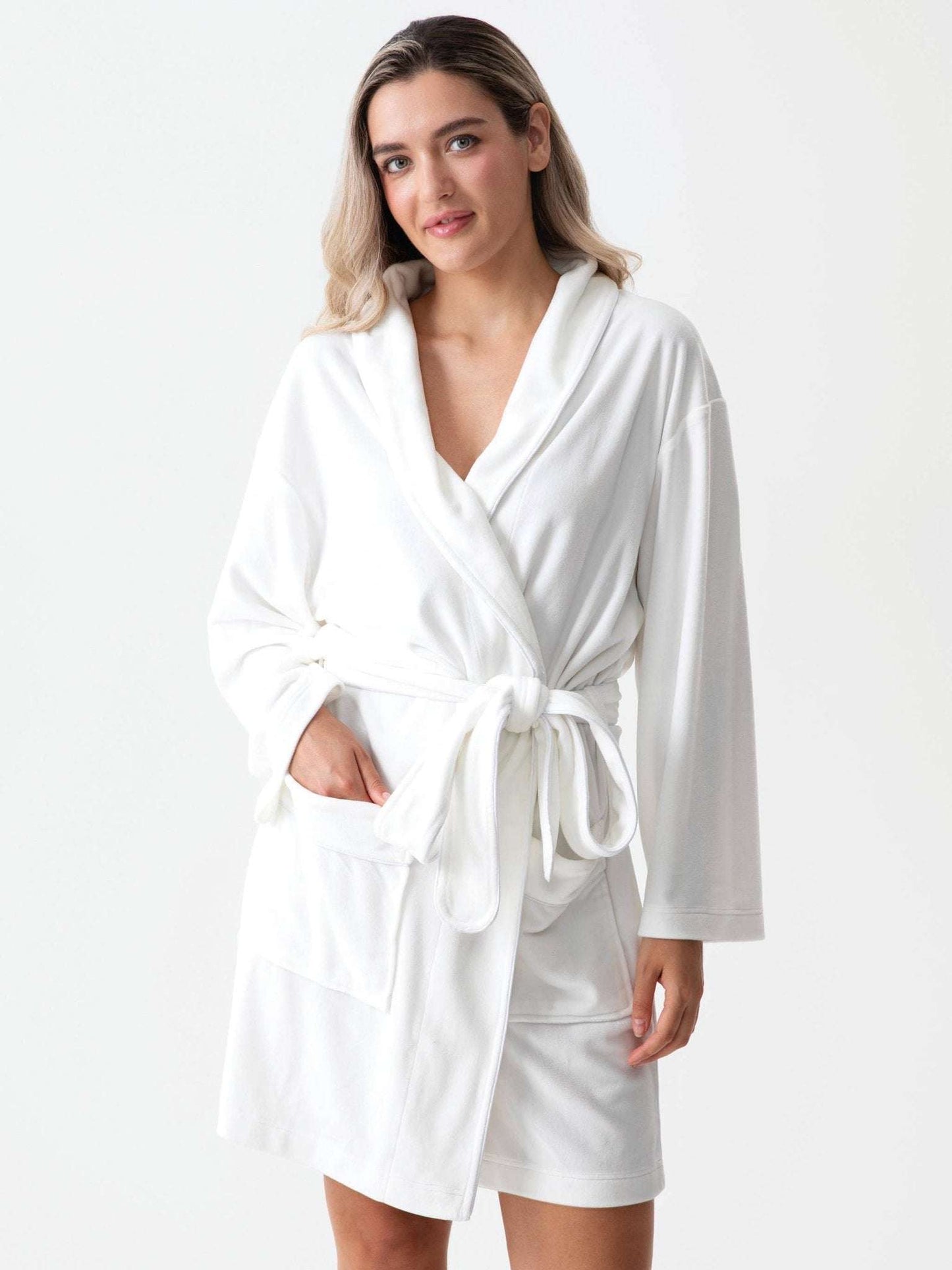 Bride Plush Robe with adjustable belt and pockets, featuring "Bride" in silver rhinestones on the back.