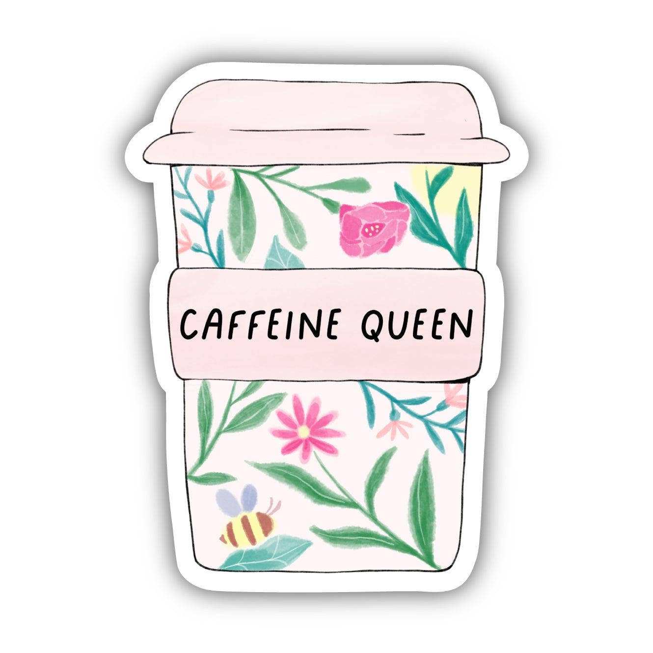 Caffeine Queen Floral Mug Sticker with floral design, 2.28 x 3 inches, durable vinyl.