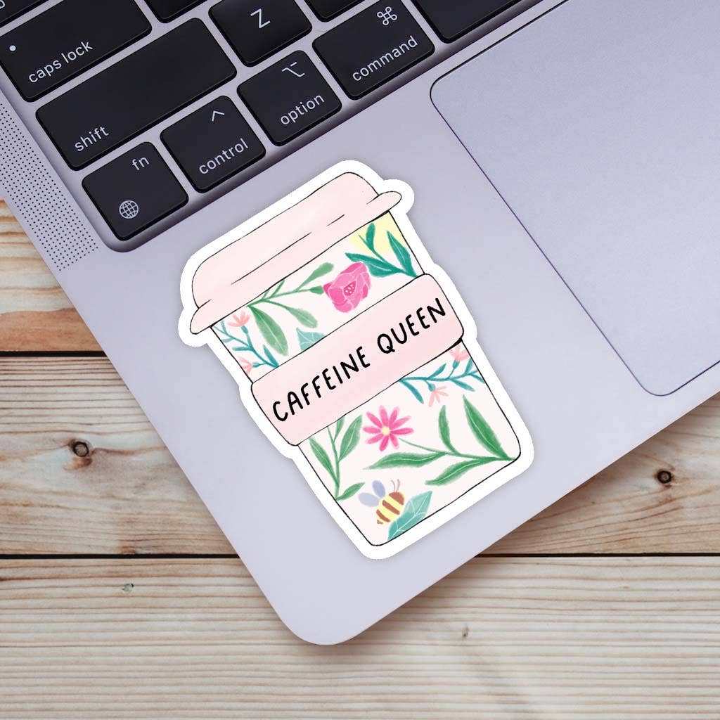 Caffeine Queen Floral Mug Sticker on laptop, floral design, vinyl, waterproof.