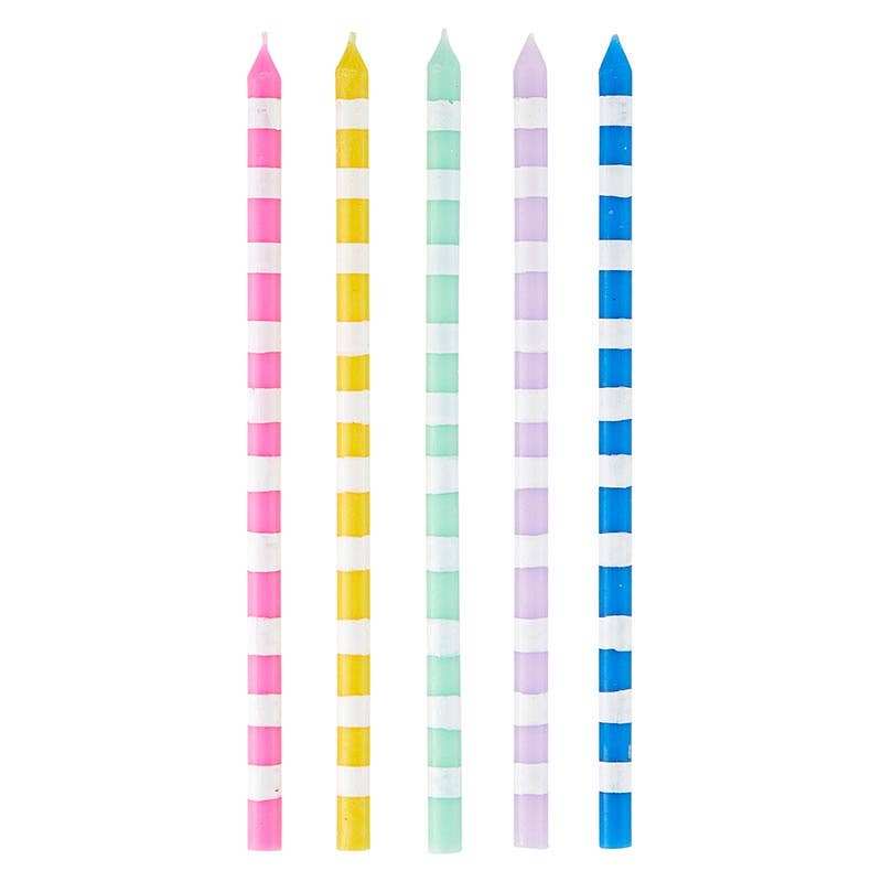 Colorful striped cake candles in pink, yellow, green, purple, and blue, 5.5 inches high.