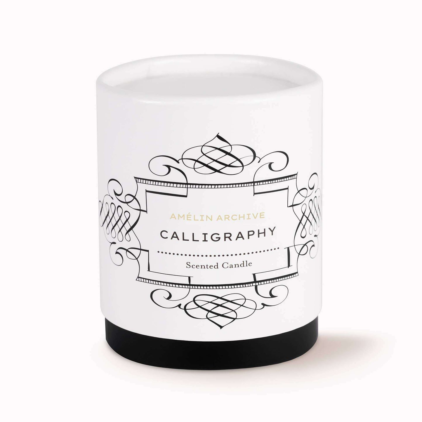 Calligraphy Candle in vintage cream glass vessel with ornate design.