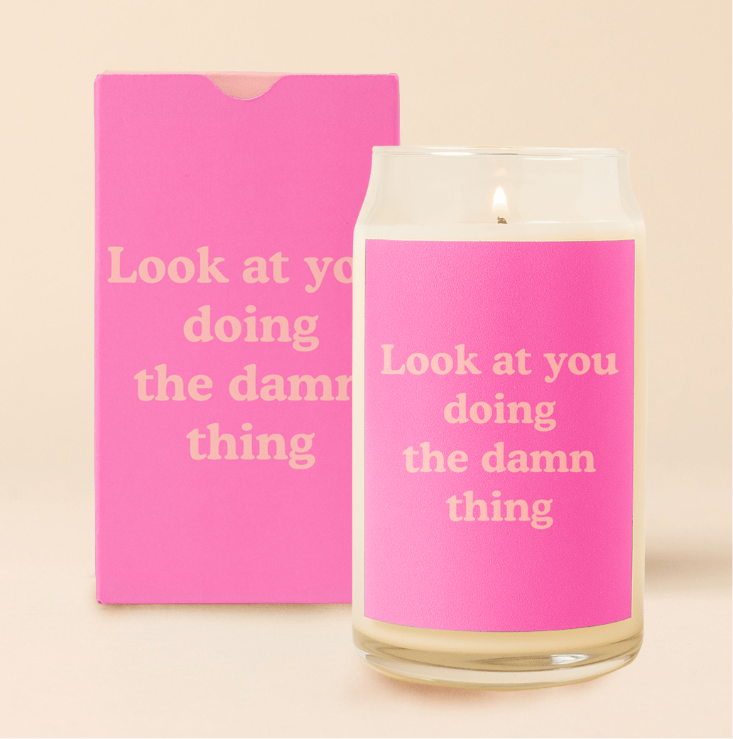 Candle Can Glass with motivational quote, cotton wick, and all-natural soy-based wax.