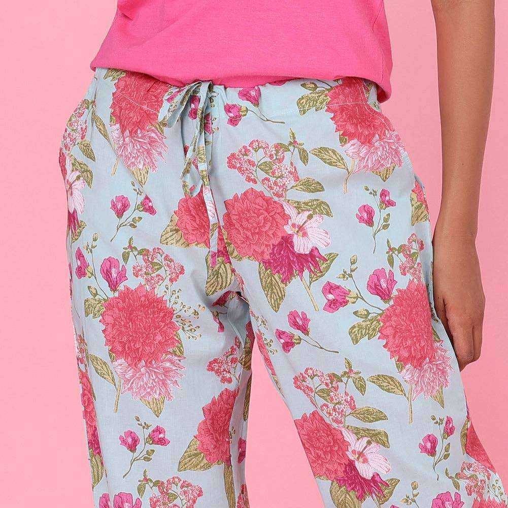 Cassie Pant in a bag with floral print on lightweight cotton fabric.