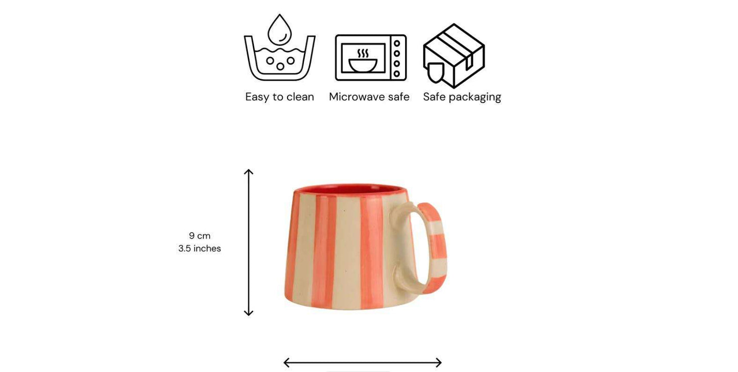 Casa Amarosa pink stripe ceramic coffee cup, 220ml, modern design, ergonomic handle, dishwasher and microwave safe.