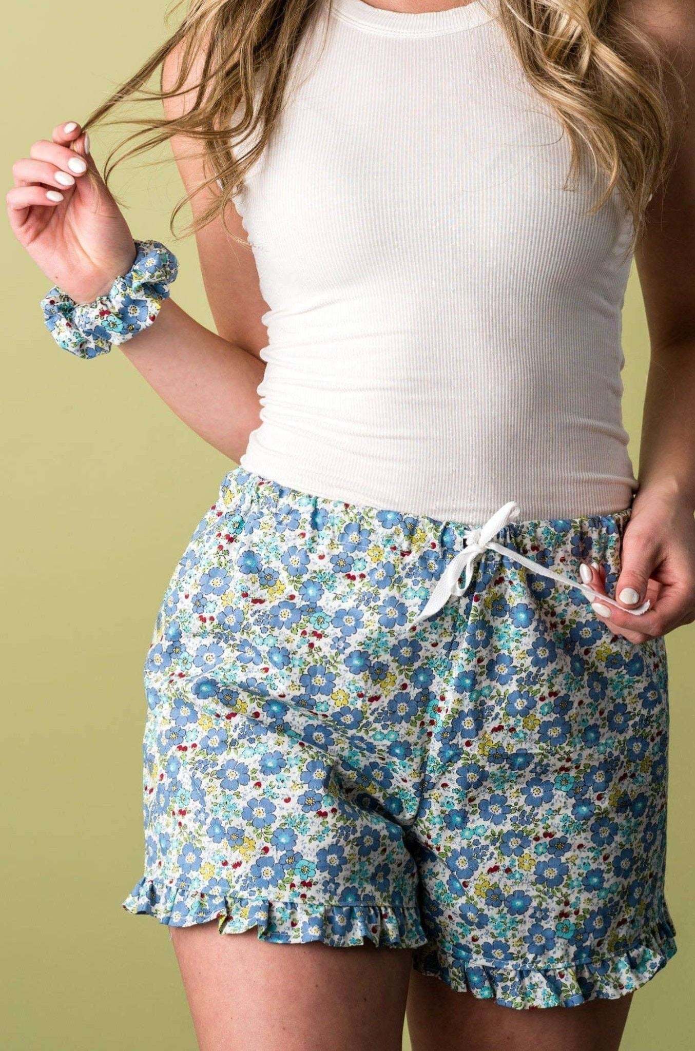 Charlotte Ruffle PJ Shorts with floral print and ruffles, elastic waistband, ribbon tie, 100% cotton.