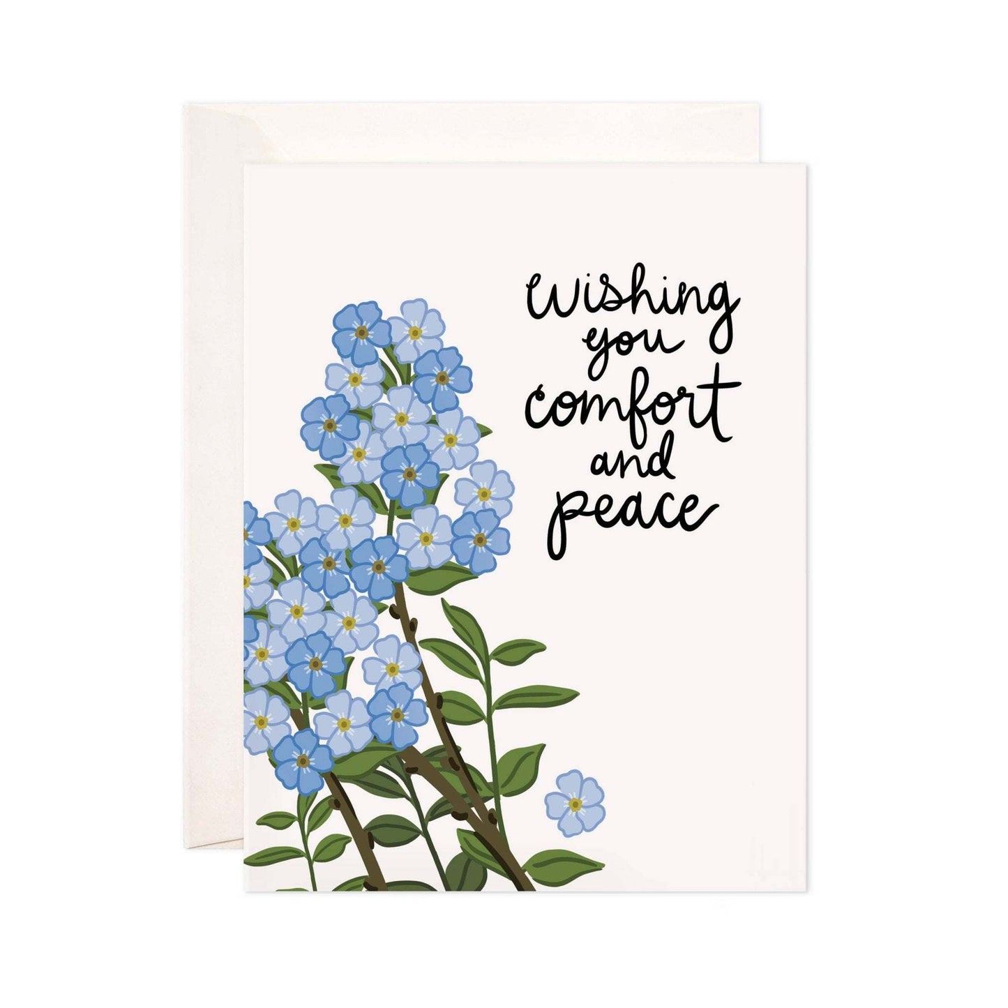 Sympathy card with blue floral illustration, text "Wishing you comfort and peace," blank interior for personalized message, includes envelope.