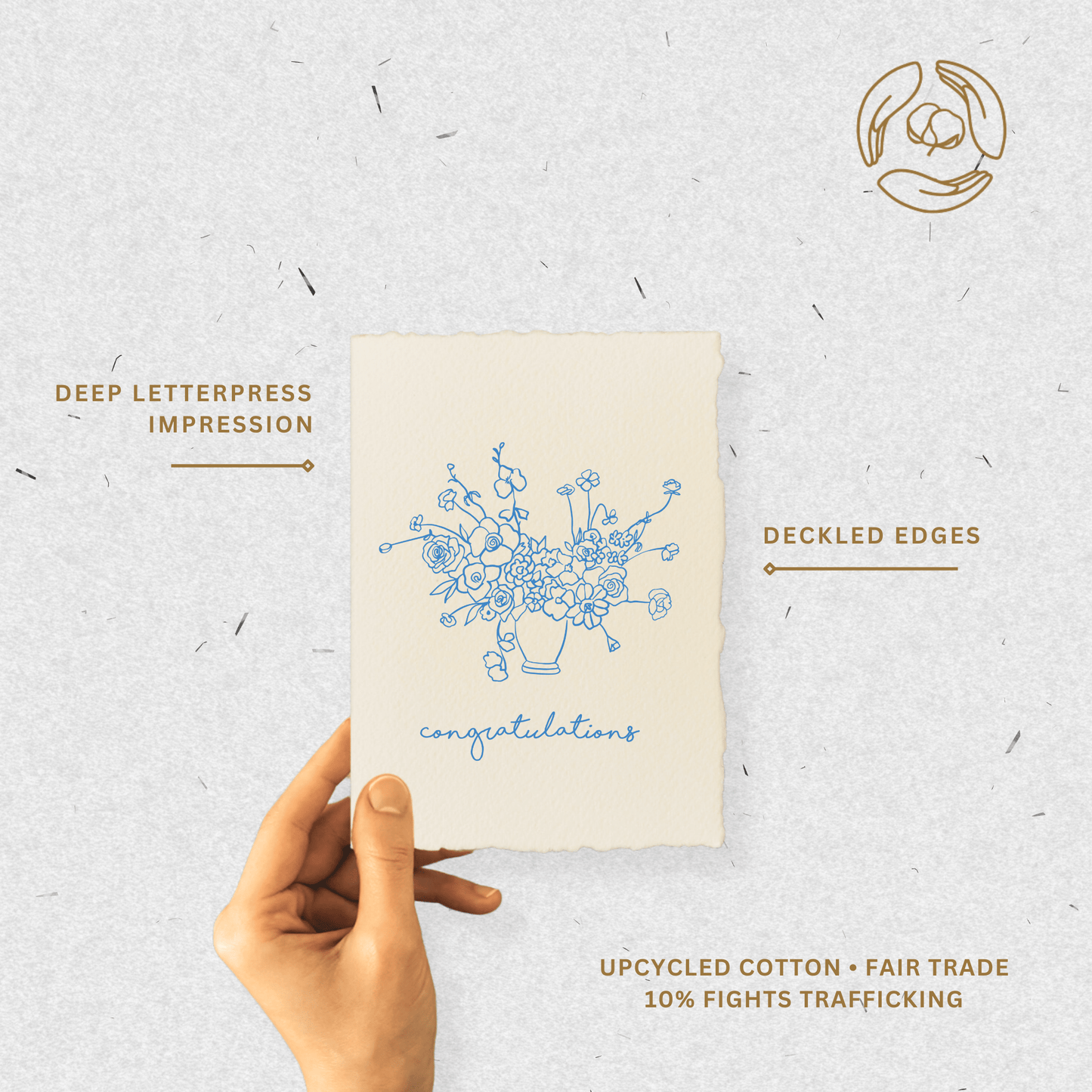 Congratulations floral bouquet greeting card with blue letterpress design on off-white, eco-friendly material.