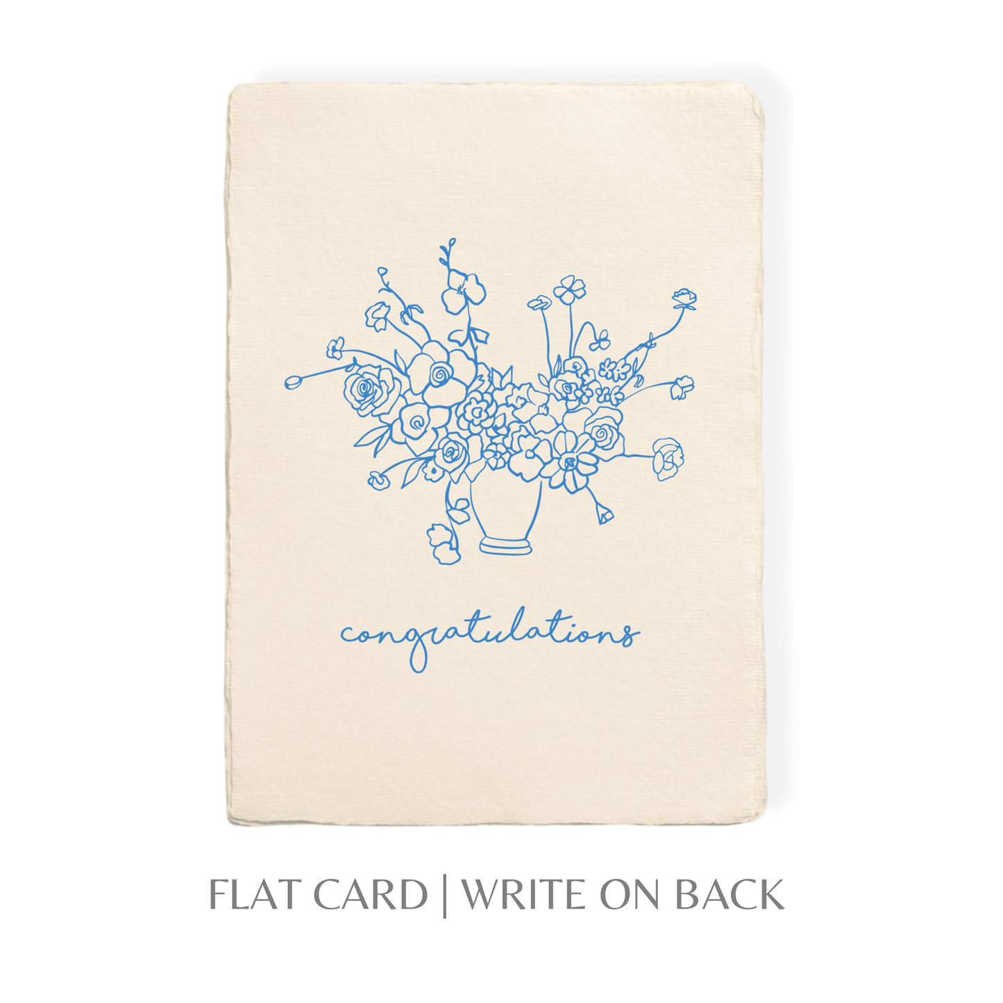 Congratulations floral bouquet greeting card, handmade from upcycled cotton, featuring blue letterpress design.