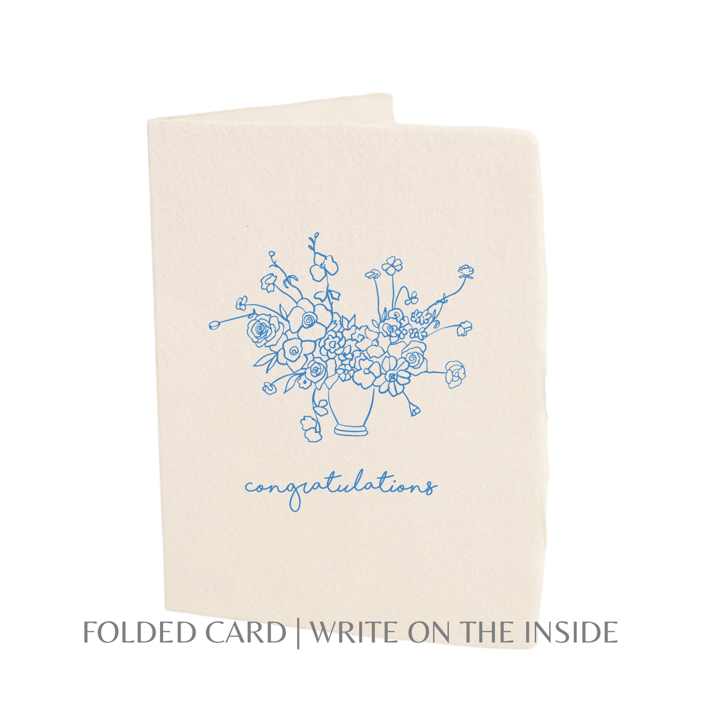 Congratulations floral bouquet greeting card with off-white letterpress design and blue floral illustration.