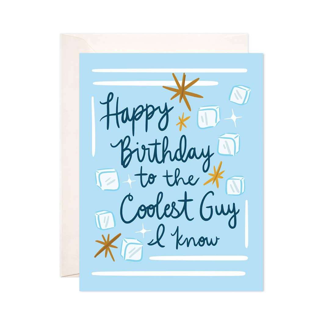 Punny birthday card with "Happy Birthday to the Coolest Guy I Know" text and illustrated ice cubes, A2 size with envelope.