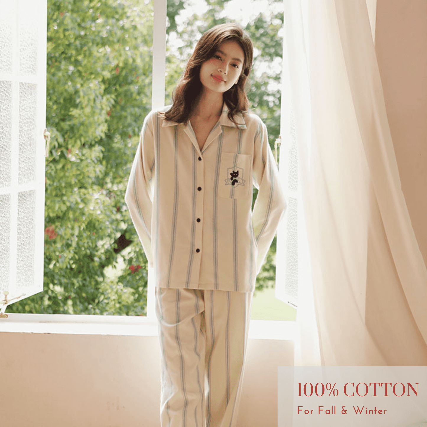 Cotton striped loungewear set with blue stripes and embroidered cat details, perfect for cozy home or sleepwear.