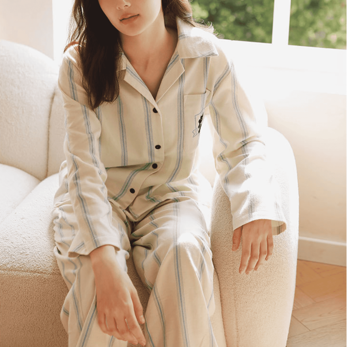Cotton striped loungewear set with blue stripes and embroidered cat accents.
