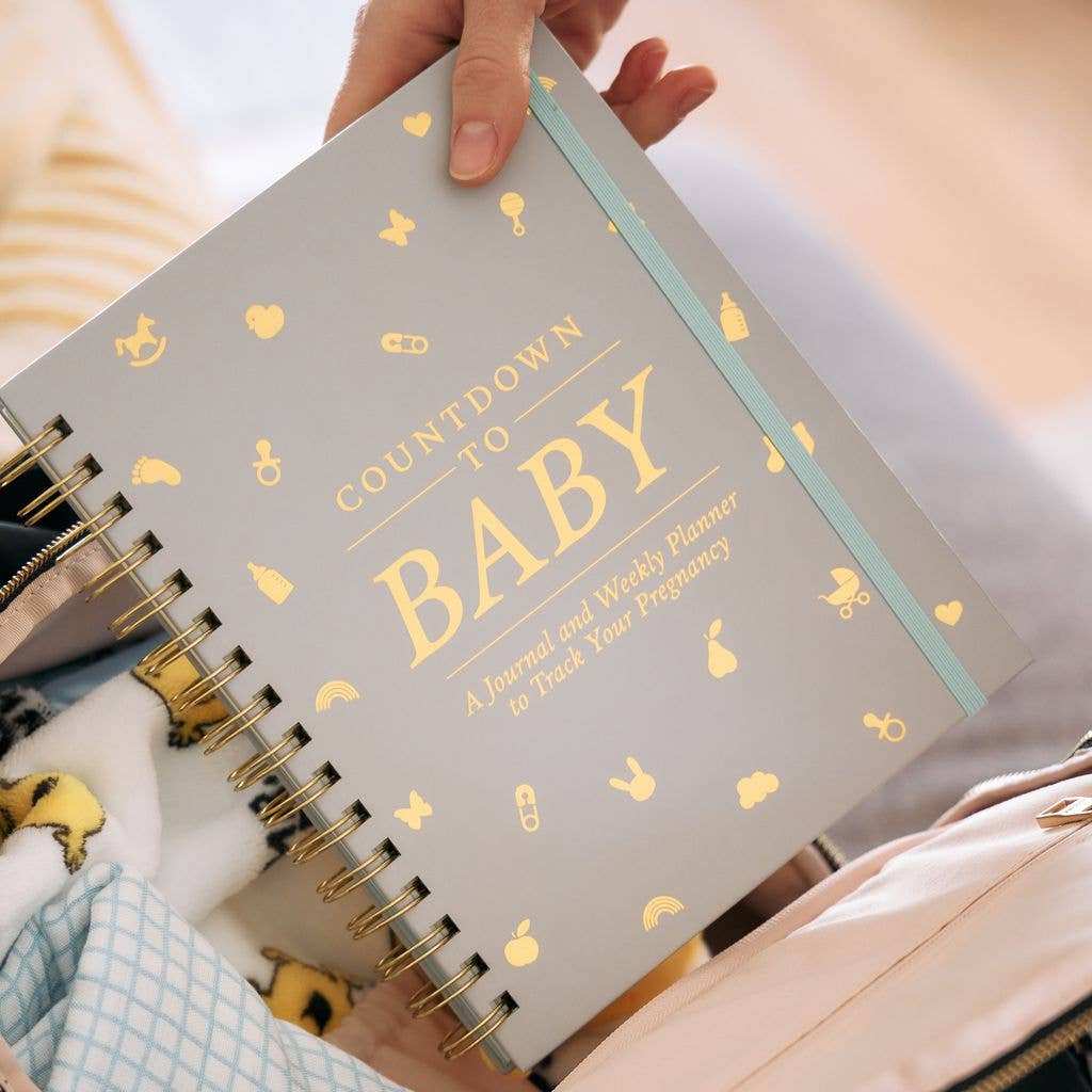 Countdown to Baby Undated Pregnancy Planner with fruit and veggie-themed stickers and tabbed dividers.