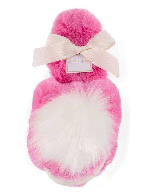 Cozy Pink Amor Slippers with soft pom design and ribbon packaging.