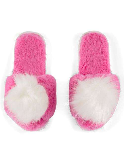Cozy Pink Amor Slippers with pom-poms, super soft polyester and PVC material.
