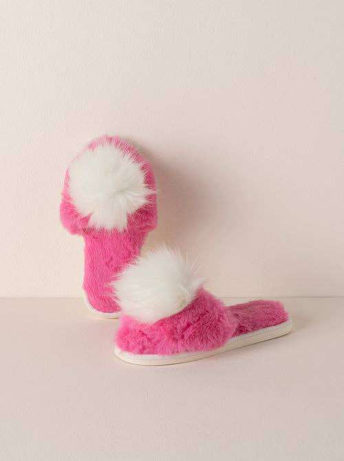 Cozy Pink Amor Slippers with fluffy pom detail.